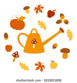 Gardening. Autumn set: watering can, pumpkin, apple, mushroom, acorn, maple and oak leaf. Harvest festival. Inventory. Flat design. Isolated elements on a white background. Vector illustration.