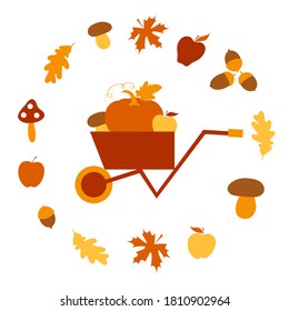 Gardening. Autumn set: wheelbarrow, pumpkin, apple, mushroom, acorn, maple and oak leaf. Harvest festival. Inventory. Flat design. Isolated elements on a white background. Vector illustration.