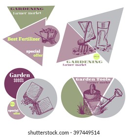 Gardening background. Farmer market logo. Gardening concept. Vector logo design template. Set of garden product badge. Stock vector