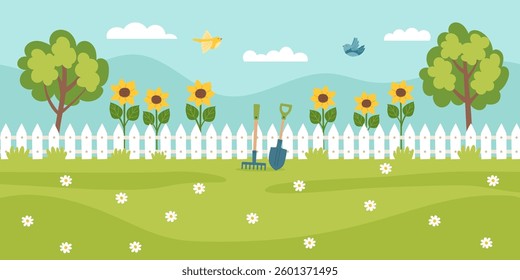 Gardening background. Green lawn with trees, grass, sunflowers, garden equipment and sky. Spring and gardening concept. Vector hand drawn banner.