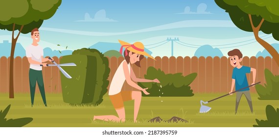 Gardening background. Rural concept illustration with outdoor people care gardening plants and grass exact vector concept picture