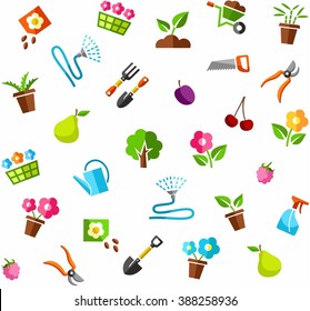 Gardening background, white, color. Vector seamless pattern on the theme of gardening. Color icons on white background. 
