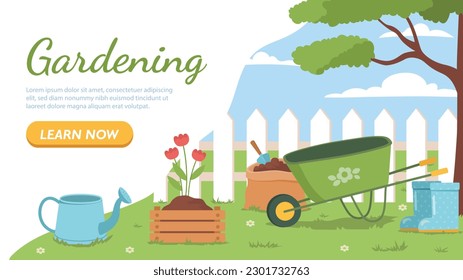 Gardening banner concept. Watering can with flowers and cart, package of soil. Botany and floristry, agriculture and countryside. Landing page design. Cartoon flat vector illustration