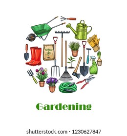 Gardening banner. Garden tools and flowers vector illustration in sketch style. Rubber boots, seedling, tulips, gardening can and cutter. Fertilizer, glove, crocus, insecticide, wheelbarrow and wateri