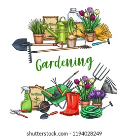 Gardening banner. Garden tools, potted flowers and fertilizer in sketch style. Vector illustration.