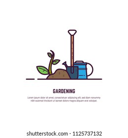 Gardening banner. Shovel with dirt, sprout and watering can. Nature garden linear banner. Line style flat vector illustration.