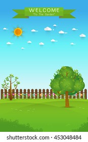 Gardening. Banner with summer garden landscape. tree, flower bushes, wood fence and lawn. Flat style, vector illustration.