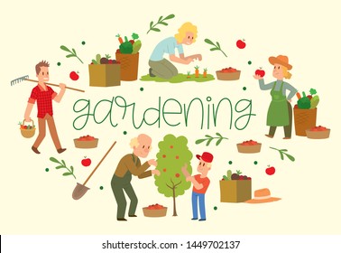 Gardening banner vector illustration. Equipment for land such as rake, shovel, bucket. Farmer picking fruit and vegetable harvest. Female and male characters harvesting. Baskets.