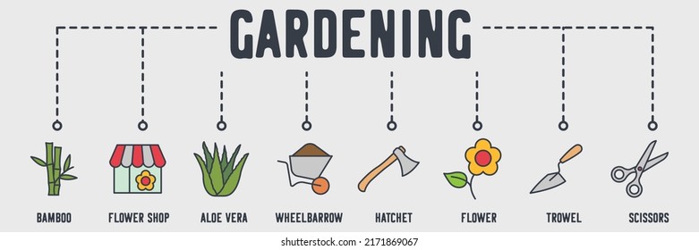 Gardening banner web icon. bamboo, flower shop, aloe vera, Wheelbarrow, hatchet, flower, trowel, scissors vector illustration concept.