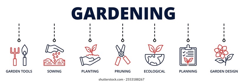 Gardening banner web icon for business with garden tools, sowing, planting, pruning, ecological, planning, garden design