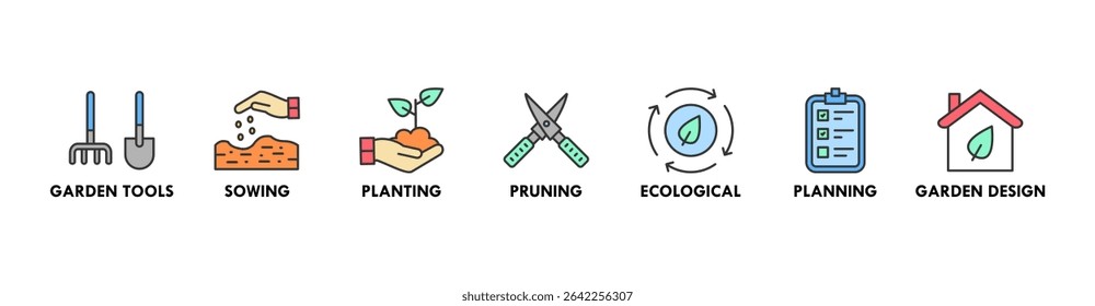 Gardening banner web icon for business with garden tools, sowing, planting, pruning, ecological, planning, garden design