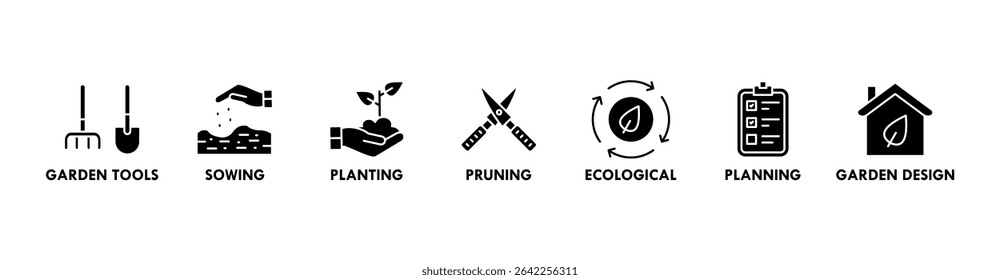 Gardening banner web icon for business with garden tools, sowing, planting, pruning, ecological, planning, garden design