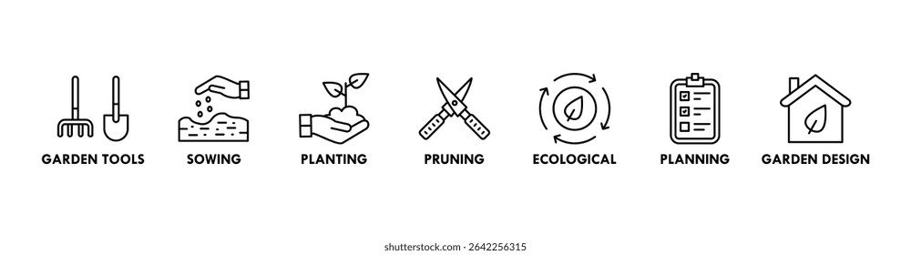 Gardening banner web icon for business with garden tools, sowing, planting, pruning, ecological, planning, garden design