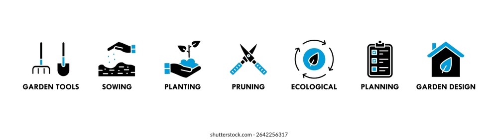 Gardening banner web icon for business with garden tools, sowing, planting, pruning, ecological, planning, garden design