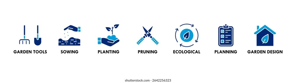 Gardening banner web icon for business with garden tools, sowing, planting, pruning, ecological, planning, garden design