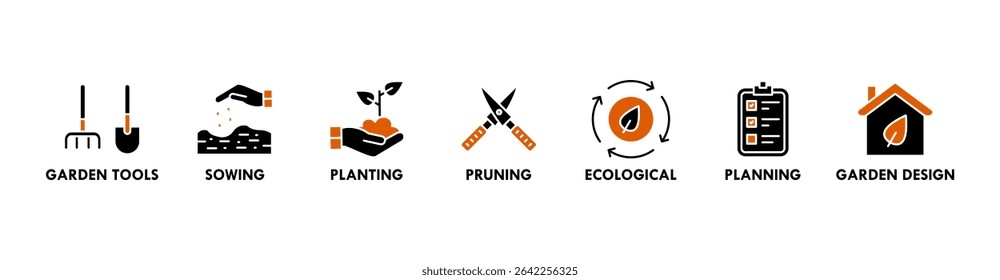 Gardening banner web icon for business with garden tools, sowing, planting, pruning, ecological, planning, garden design