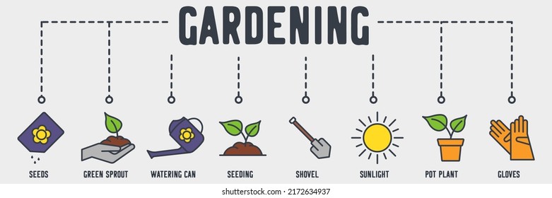 Gardening banner web icon. seeds, green sprout, watering can, seeding, shovel, sunlight, pot plant, gloves vector illustration concept.