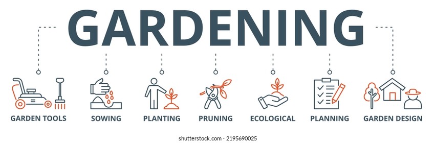 Gartenbanner-Websymbol Vektorgrafik-Konzept mit Symbol für Gartenwerkzeuge, Aussaat, Anpflanzen, Beschneiden, Ökologie, Planung und Gartendesign