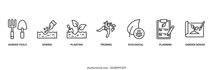Gardening banner web icon vector illustration concept with icon of garden tools, sowing, planting, pruning, ecological, planning and garden design