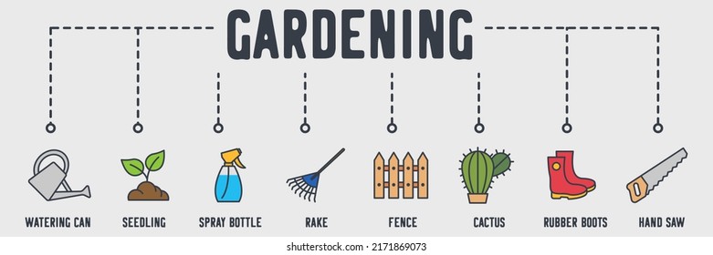 Gardening banner web icon. watering can, seedling, spray bottle, rake, fence, cactus, rubber boots, hand saw vector illustration concept.