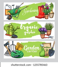 Gardening banners with tools, flowers, rubber boots, seedling, tulips, gardening can and cutter. Wheelbarrow and watering hose and etc. for design garden center. Vetor illustration, sketch style.