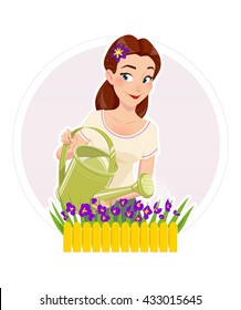 Gardening beautiful girl watering flower vector illustration isolated white background housewife woman with can hobbies blooming flowers