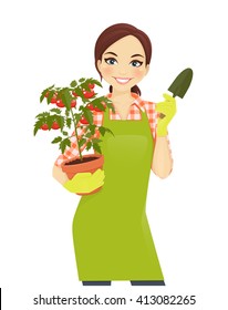 Gardening beautiful woman holding tomato plant pot 