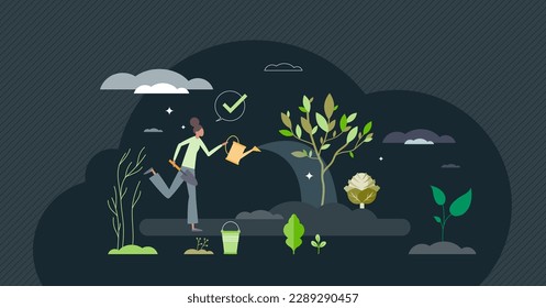 Gardening for beginners and grow you own food plants tiny person concept. Harvest vegetables from soil as female hobby for recreation and green living vector illustration. Planting green salads.