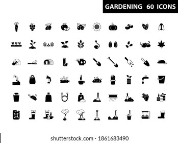 Gardening. Big set of silhouette icons. Pictograms for growing plant, flower, vegetable, fruit. Garden tools for working with seeds, soil, ground. Black outline emblem. Contour isolated vector
