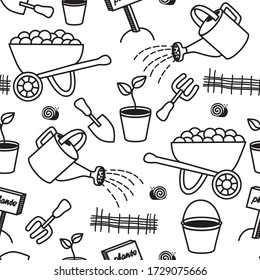 Gardening black and white seamless pattern. Vector illustration of garden elements spade, pitchfork, wheelbarrow, plant and watering can. Spring time.