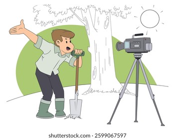 Gardening blogger recording new video. Funny people. Illustration concept template for website, web landing page, banner, presentation, social, poster, promotion or print media.