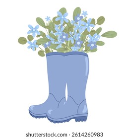Gardening blue boots with wildflowers inside. Simple hand drawn cartoon vector illustration. Spring, summer  print collection for stickers, packaging, web icons, textiles, seasonal decorations