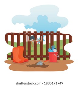 Gardening boots tools bucket and shovel design, garden planting and nature theme Vector illustration
