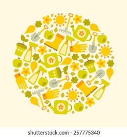 gardening bright color icons arranged in circle shape on white background 