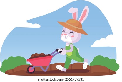 Gardening bunny. Cute rabbit with farm tools at nature isolated on white background