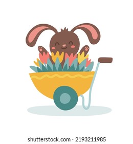 Gardening bunny sitting in a wheelbarrow full of wild flowers. Perfect for fabric, party invitations, baby and kids, and home decor projects. Vector flat hand drawn cartoon illustration