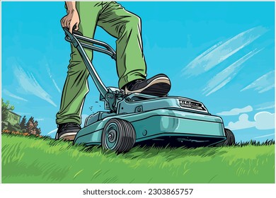 gardening business lawn mower close up landscaping services mowing grass vector illustration