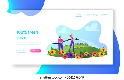 Gardening Business People Care of Flowers on Field, Seasonal Activity Landing Page Template. Gardener Characters Wear Overalls Watering Seedlings and Plants from Hose. Cartoon Vector Illustration