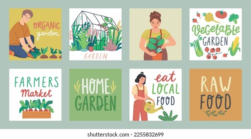 Gardening cards with letterings, working people and other elements. Farmers products and home Garden set. Flat Vector illustration.