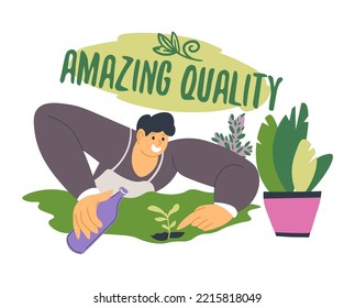 Gardening And Care For Orchards And Plants, Isolated Male Character Watering Houseplant, Adding Fertilizer For Soil. Harvesting And Planting Flowers Outside. Service And Tend. Vector In Flat Style