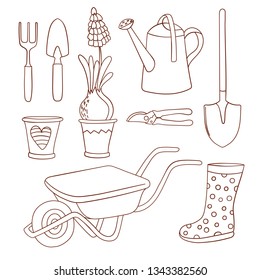 GARDENING CARES Spring Season Monochrome Farm Work Details Cartoon Vector Illustration Set Print Fabric and Decoration