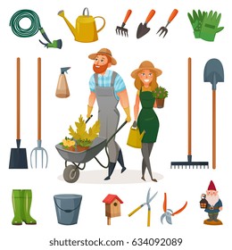Gardening cartoon icon set with attributes and elements for work in garden vector illustration