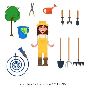 Gardening cartoon icon set with attributes and elements for work in garden vector illustration