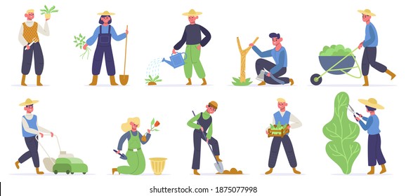 Gardening characters. Farm workers, gardener planting, watering and gathering agriculture plants and green. Gardener work vector illustration. Farm worker gardening and planting, gathering and farming