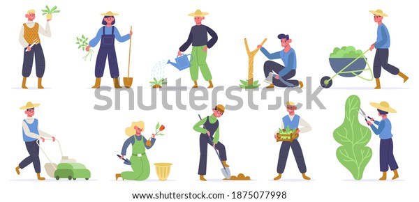 Gardening characters. Farm workers, gardener\
planting, watering and gathering agriculture plants and green.\
Gardener work vector illustration. Farm worker gardening and\
planting, gathering and\
farming