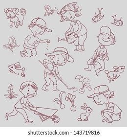 Gardening Children , Gardening objects, Animals, Birds, Dog, Bunnies, Plants collection isolated. Outline. VECTOR.