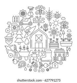 Gardening in circle - concept line vector illustration for cover, emblem, badge. Garden Tools and Equipment thin line stroke icons set.