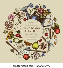 Gardening circle design. Hand drawn watering can, apples, cherry, rose, pears, shovel, rake, secateurs, chamomile, sunflower, forget me not flower, ranunculus, great orange-tip, roses.