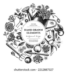 Gardening circle design. Hand drawn watering can, apples, cherry, rose, pears, shovel, rake, secateurs, chamomile, sunflower, forget me not flower, ranunculus, great orange-tip, roses.