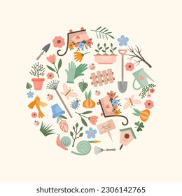 Gardening circle. summer elements in round form vector stylized background